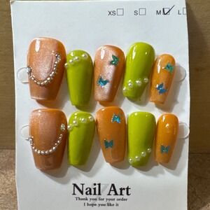 Orange Lime Green Press On Nails Coffin Medium Butterfly Pearl Chain Art Set M